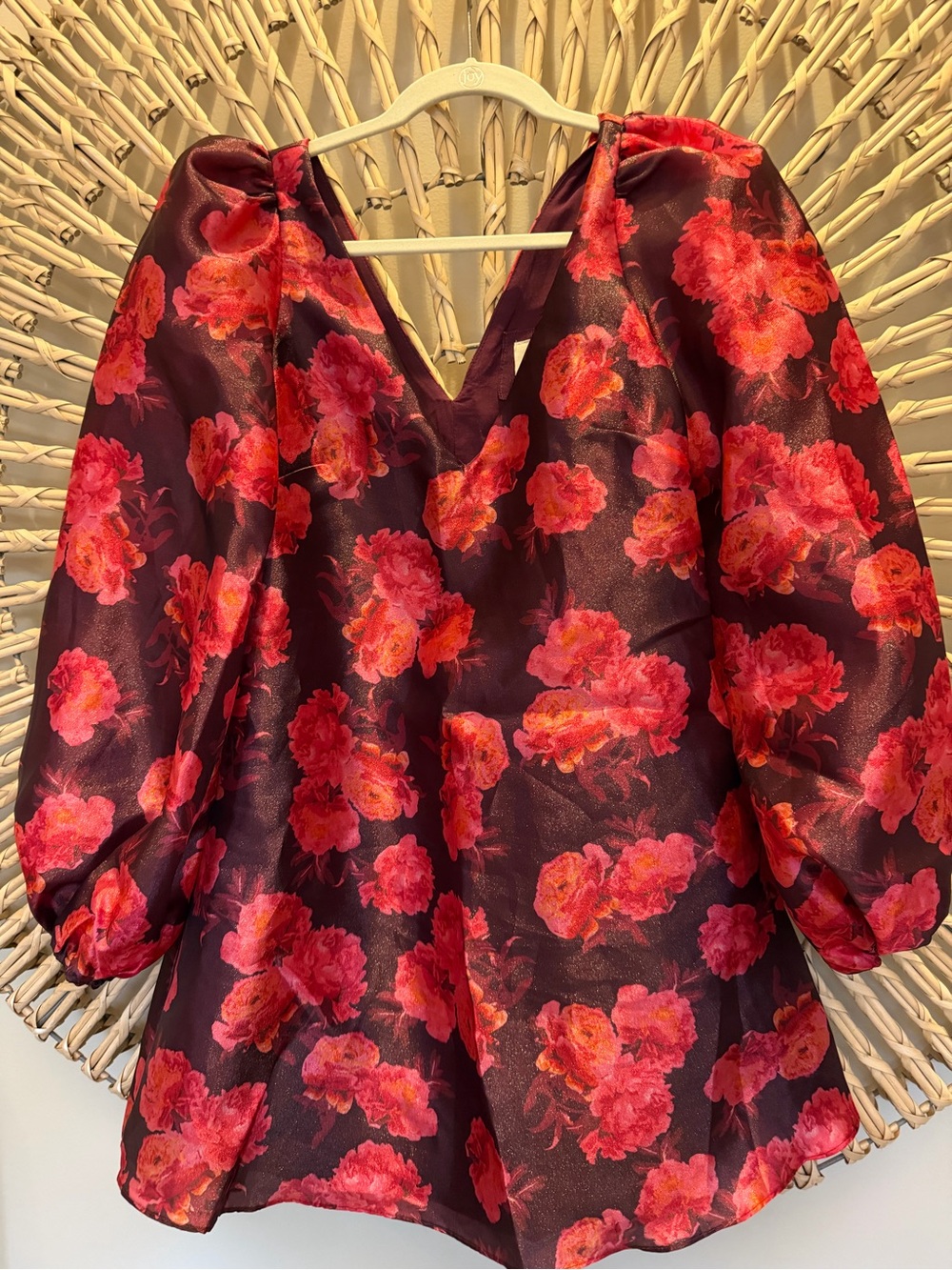 BHLDN Burgundy Mini Dress with Red Floral Print